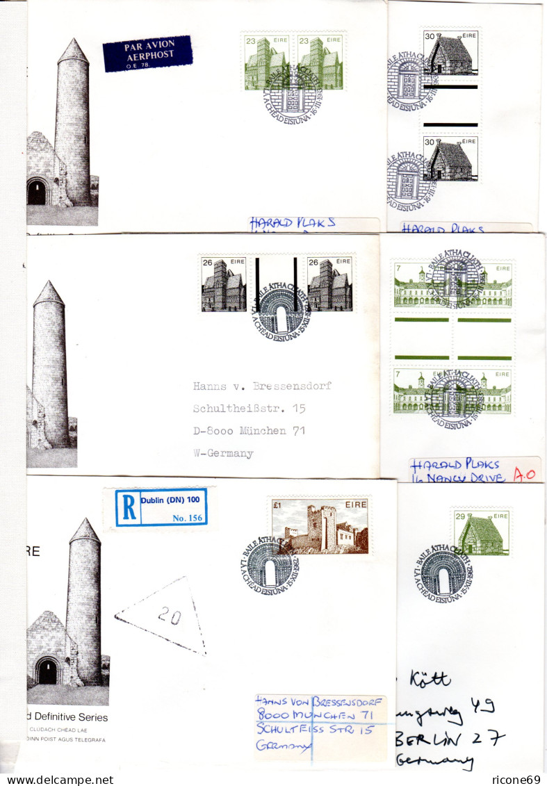 Irland, 6 FDC Architektur, U.a. M. Zwischenstegen. Auch Luftpost U. 1 Pound Reko - Europe (Other)