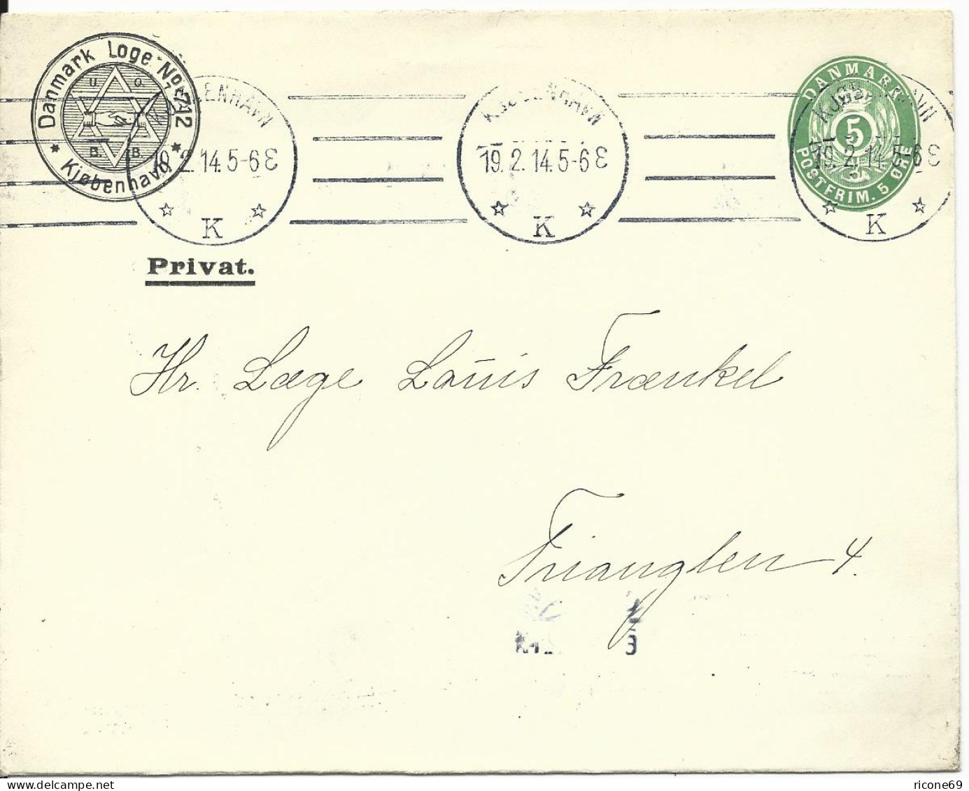 Dänemark 1914, 5 öre Ganzsache Brief M. Danmark Loge No.712 Judaika Zudruck - Joodse Geloof