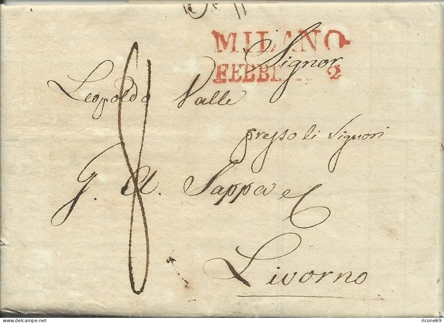 Lombardei 1833, Roter L2 MILANO Auf Brief N. Livorno Toscana. Italien. #3059 - Lombardy-Venetia