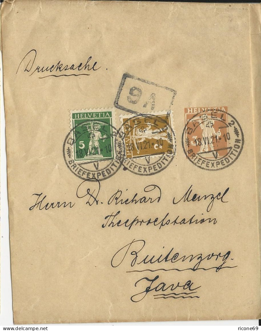 Schweiz 1921, 2+5 C. Zusatz Auf 3 C. Streifband Ganzsache V. Basel N. Java #3066 - Other & Unclassified