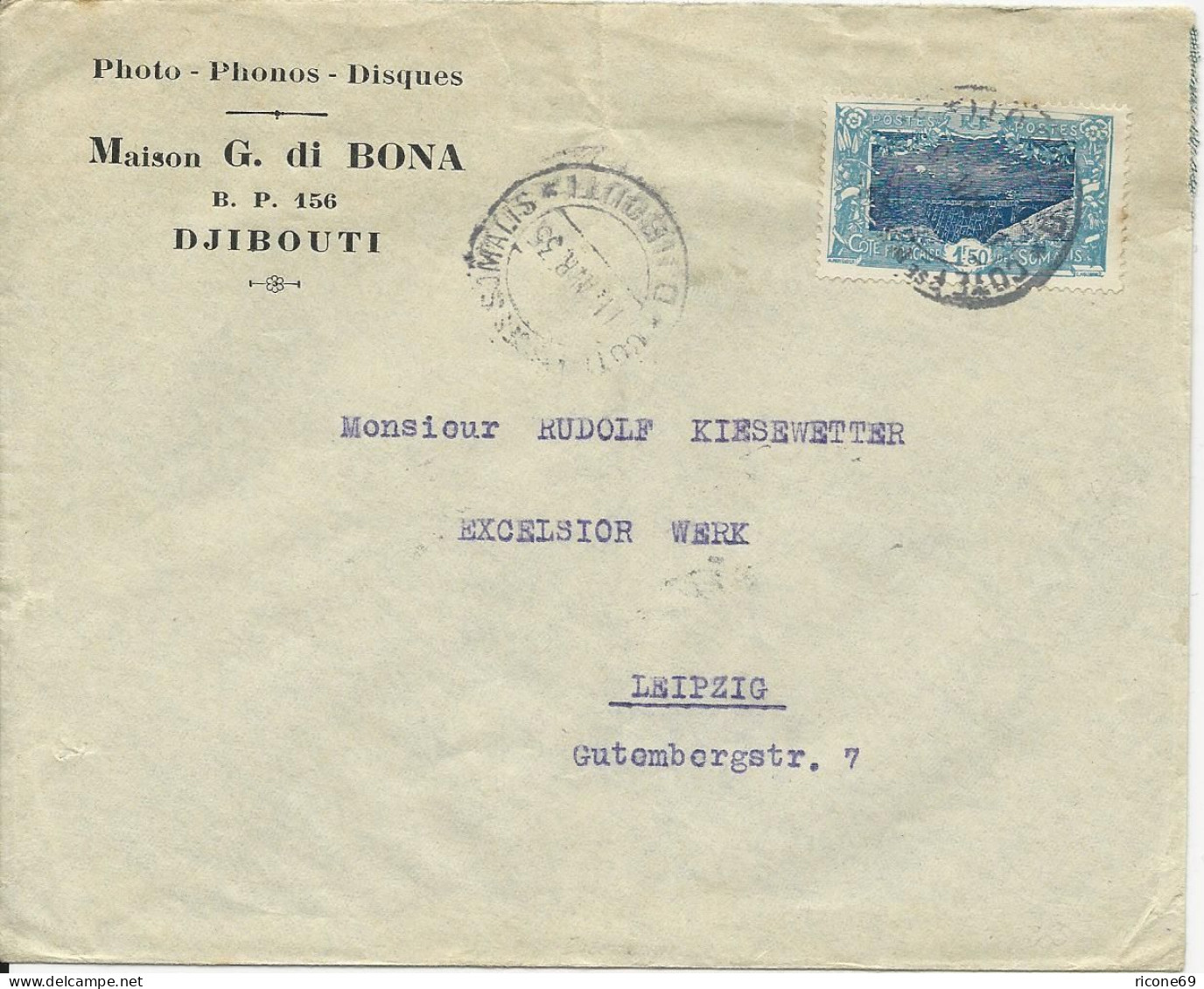 Franz. Somaliküste 1935, 1,50 F Eisenbahn Auf Brief V. Djibouti N. Leipzig #2072 - Somalië (1960-...)