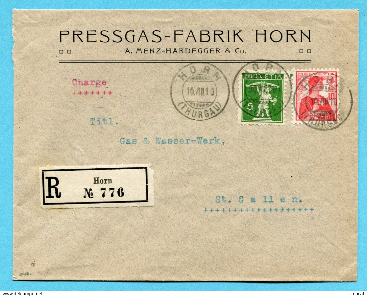 Brief Von Horn Nach St. Gallen 1910 - Absender: Pressgas-Fabrik Horn - Briefe U. Dokumente
