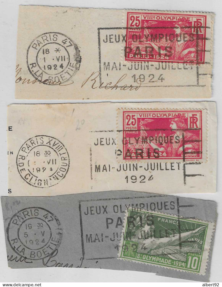 1924 3 Fragments Avec Flammes Postales " Jeux Olympiques De Paris 1924" Sur 184 / 183 Yvert. - Verano 1924: Paris