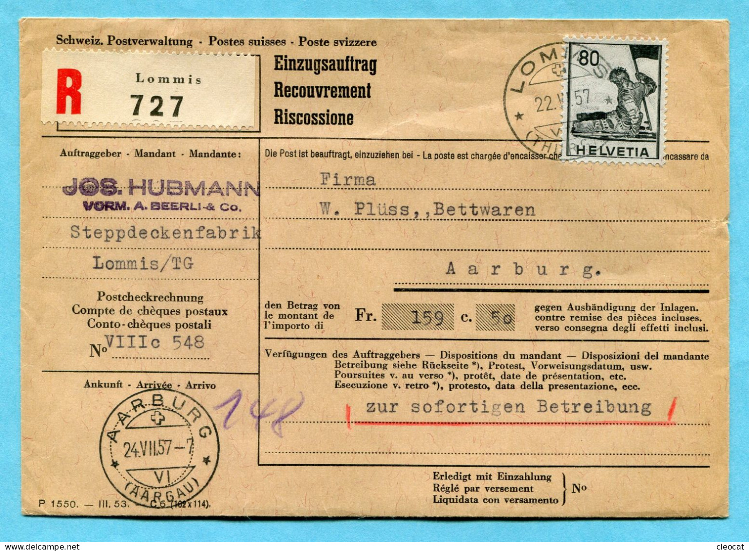 Einzugsauftrag Lommis 1957 - Absender: Jos. Hubmann - Steppdeckenfabrik - Covers & Documents