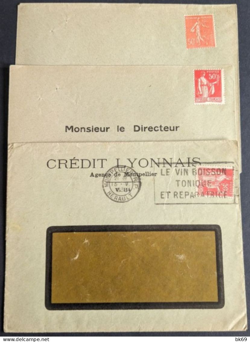 Perforés Crédit Lyonnais 3 Enveloppes, Dont Variété : Perforation Très Décalé, Semeuse & Paix - Storia Postale