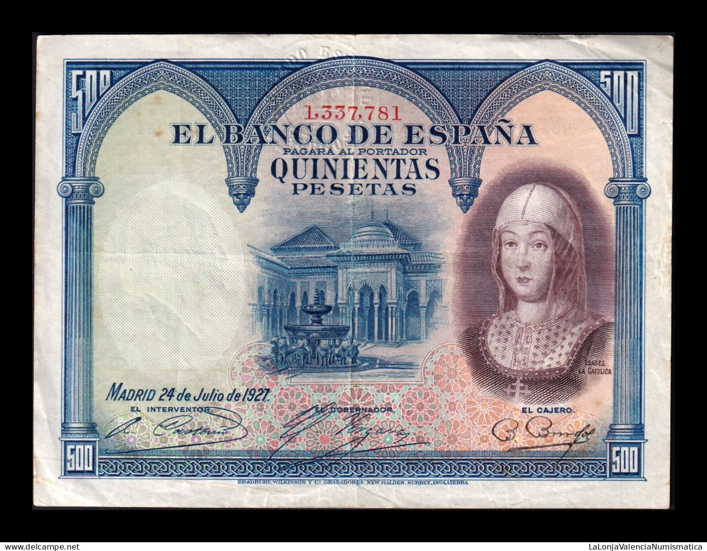 España Spain 500 Pesetas Isabel La Católica 1927 Pick 73b Con Sello Mbc/+ Vf/+ - 500 Pesetas