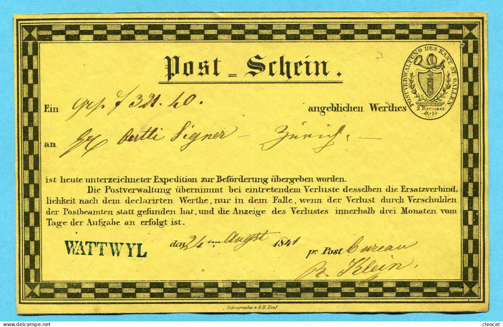 Post - Schein Wattwil Nach Zürich 1841 - Gelb - Stamped Stationery