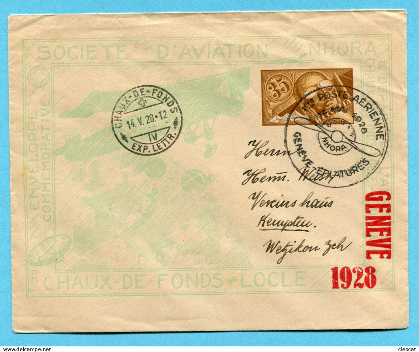 Brief NHORA Flug RF 28.10a - Genf - La Chaux-de-Fonds 1928 - Erst- U. Sonderflugbriefe