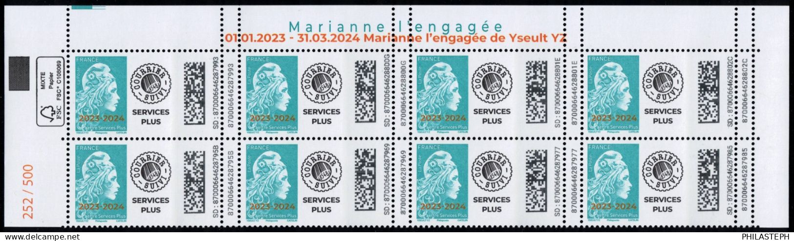 2024 Marianne L'Engagée SURCHARGEE Bande De 8 Haut De Feuille N° 252/500 Lettre Services Plus YT 5762 ** - (service) - Neufs
