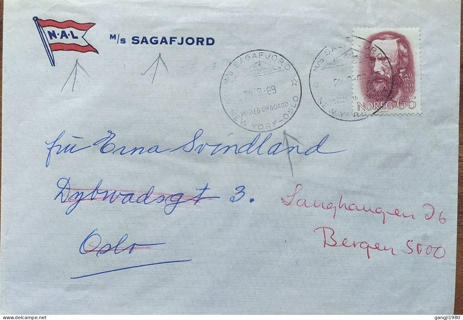 NORWAY 1969, COVER USED, M/S SAGAFJORD, NEW YORK - OSLO, POSTED ON BOARD, FLAG PICTURE, SLOGAN PHILHARMONIC SOCIETY, FIL - Autres & Non Classés