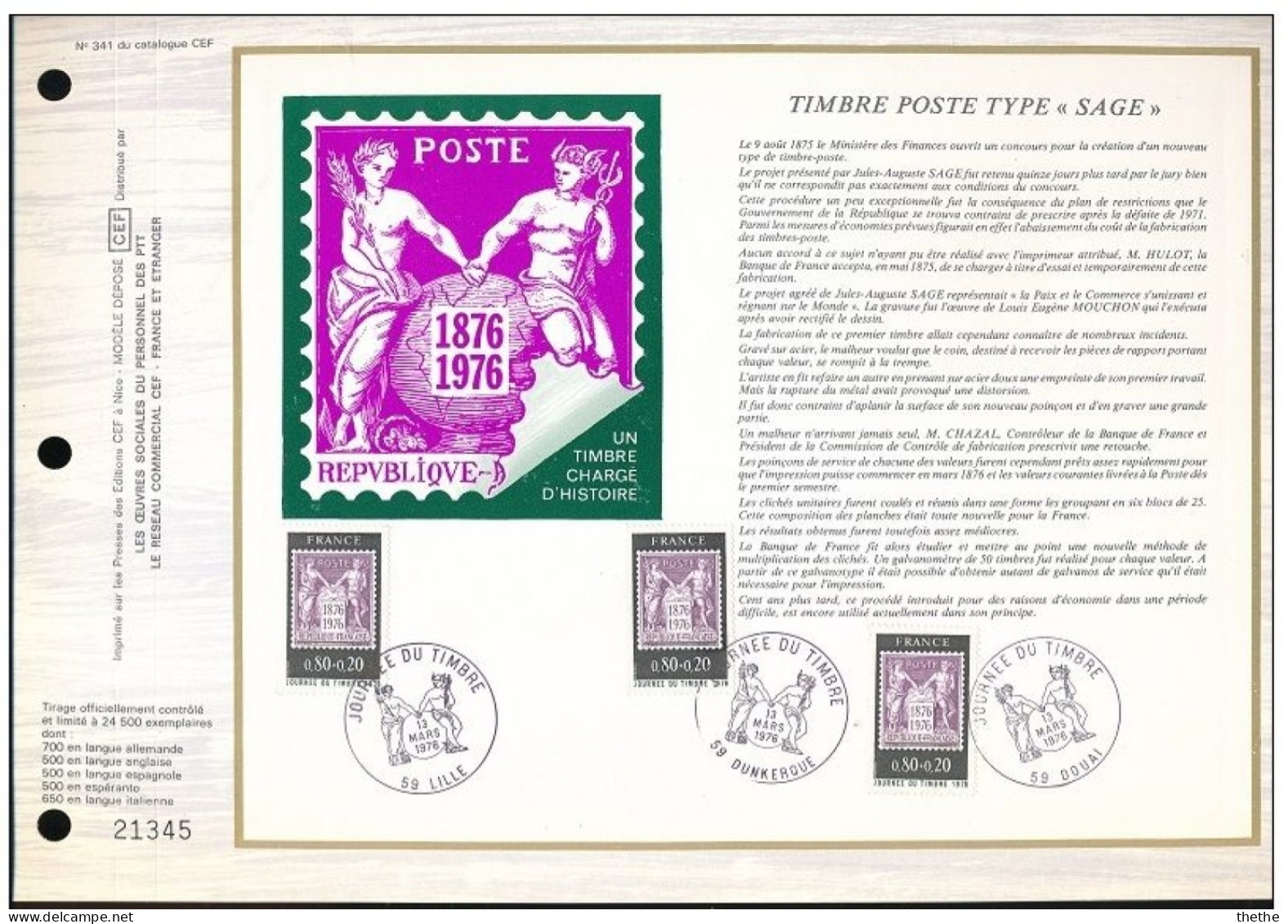 FRANCE - FDC - Journée Du Timbre : Centenaire Du Timbre -poste Au Type Sage - Feuillet N° 341 Du Catalogue CEF - 1970-1979