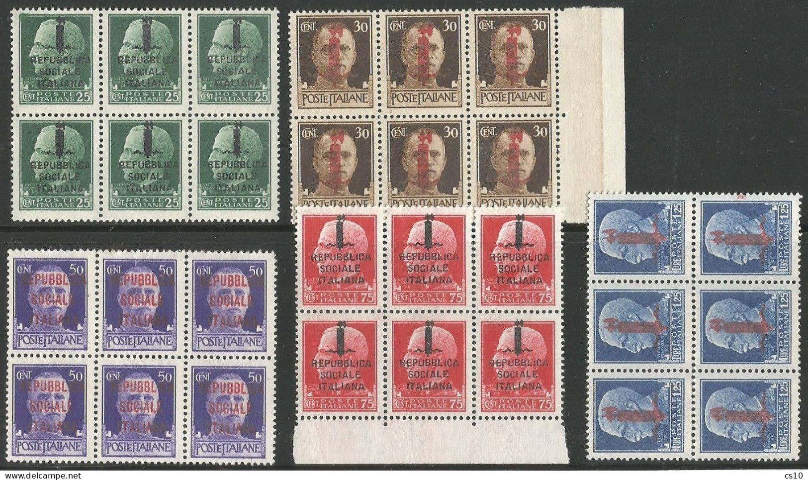 Italy Social Republic Repubblica Sociale Italiana RSI Emissione FASCETTI Cpl 5v Set In Blocchi / Blocks 6v SENZA GOMMA - Collections