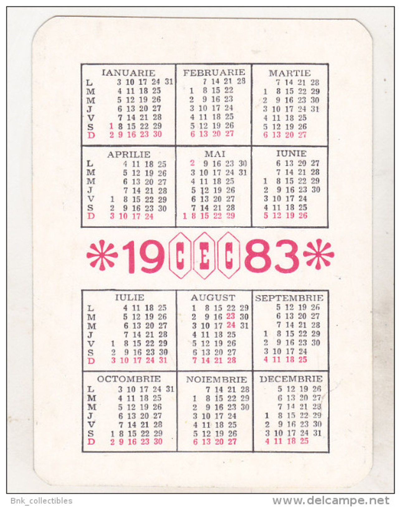 Romanian Small Calendar - 1983 CEC Bank - Calendrier , Roumanie - Small : 1981-90