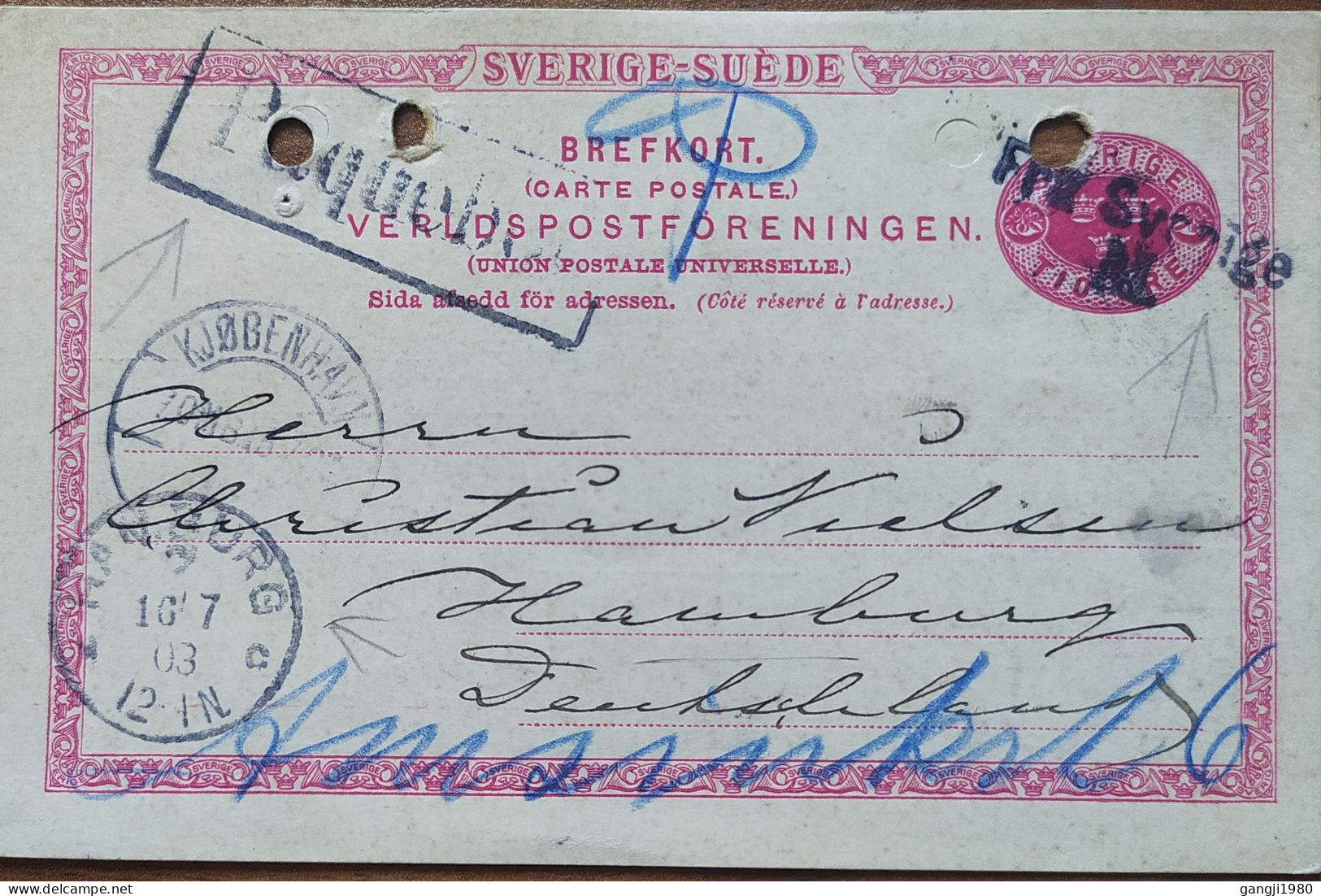 SWEDEN 1903, STATIONERY CARD, ADVERTISING THOMEE & CO, USED TO  GERMANY, PAQUEBOT & FRA SVERIGE, HAMBURG & COPENHAGEN CI - Covers & Documents