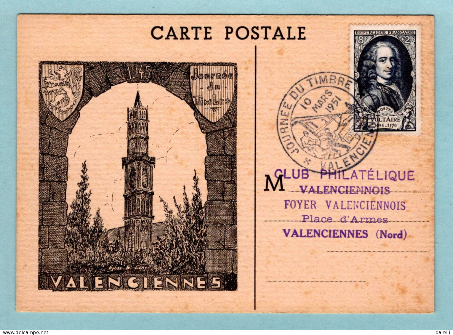 Carte Maximum 1951 - Journée Du Timbre 1951 - Voltaire - écrivain Et Philosophe Français YT 854 - Valenciennes - 1950-1959