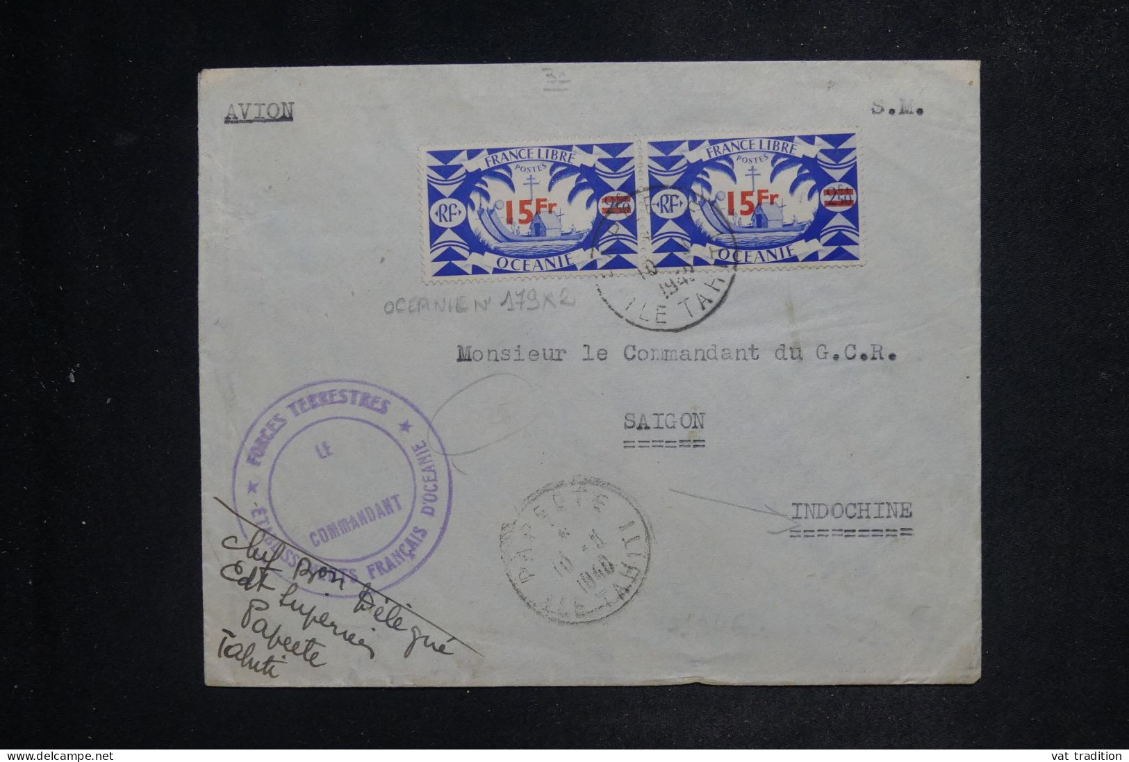OCEANIE - Enveloppe En FM De Papeete Pour Saigon Par Avion En 1940, Affranchissement France Libre  - L 151824 - Brieven En Documenten