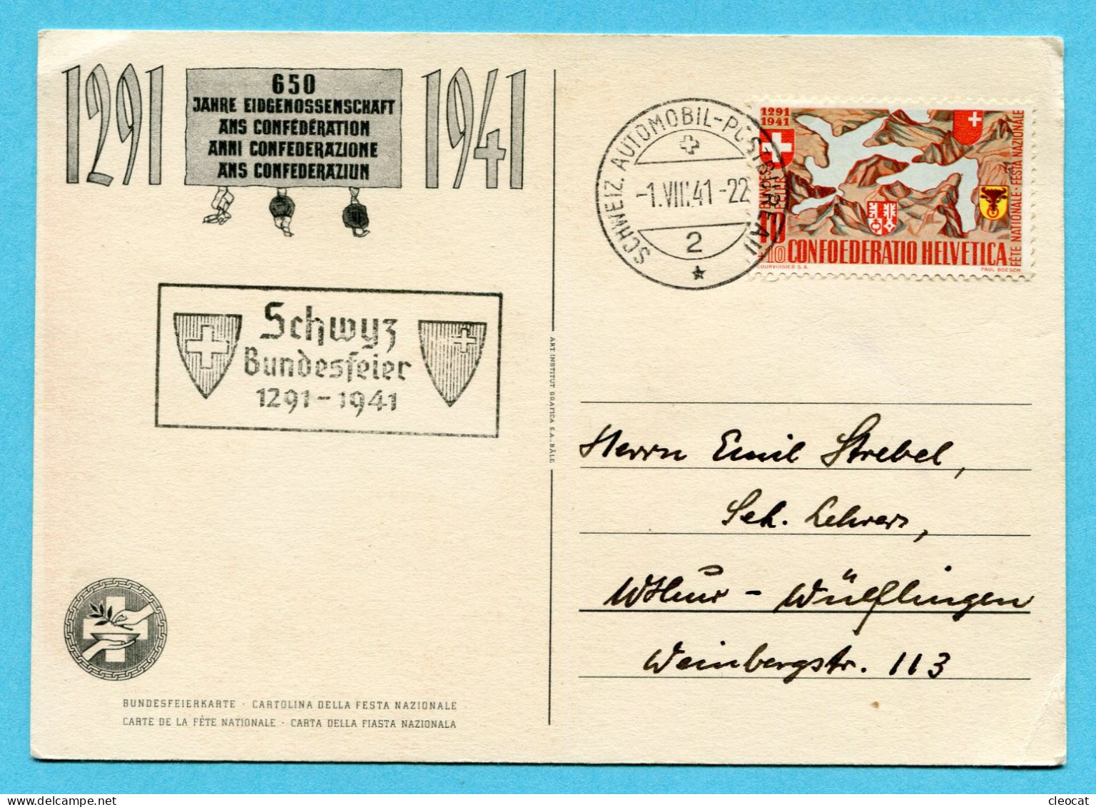 Bundesfeierkarte Nr. 72 APS - Eidgenosse - Gestempelt Schwyz Bundesfeier 1291-1941 - 1.VIII.41 - Storia Postale