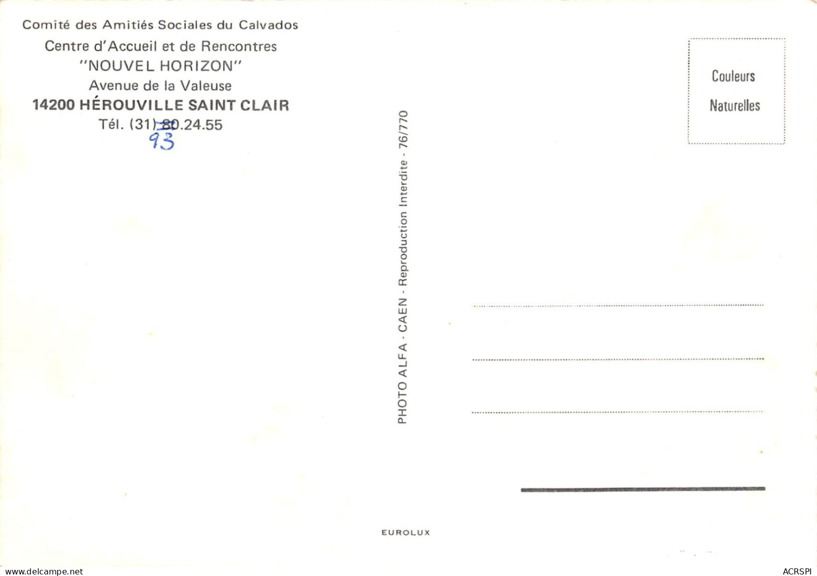 HEROUVILLE SAINT CLAIR Centre D Acceuil Et De Rencontres Nouvel Horizon 2(scan Recto-verso) MA905 - Herouville Saint Clair