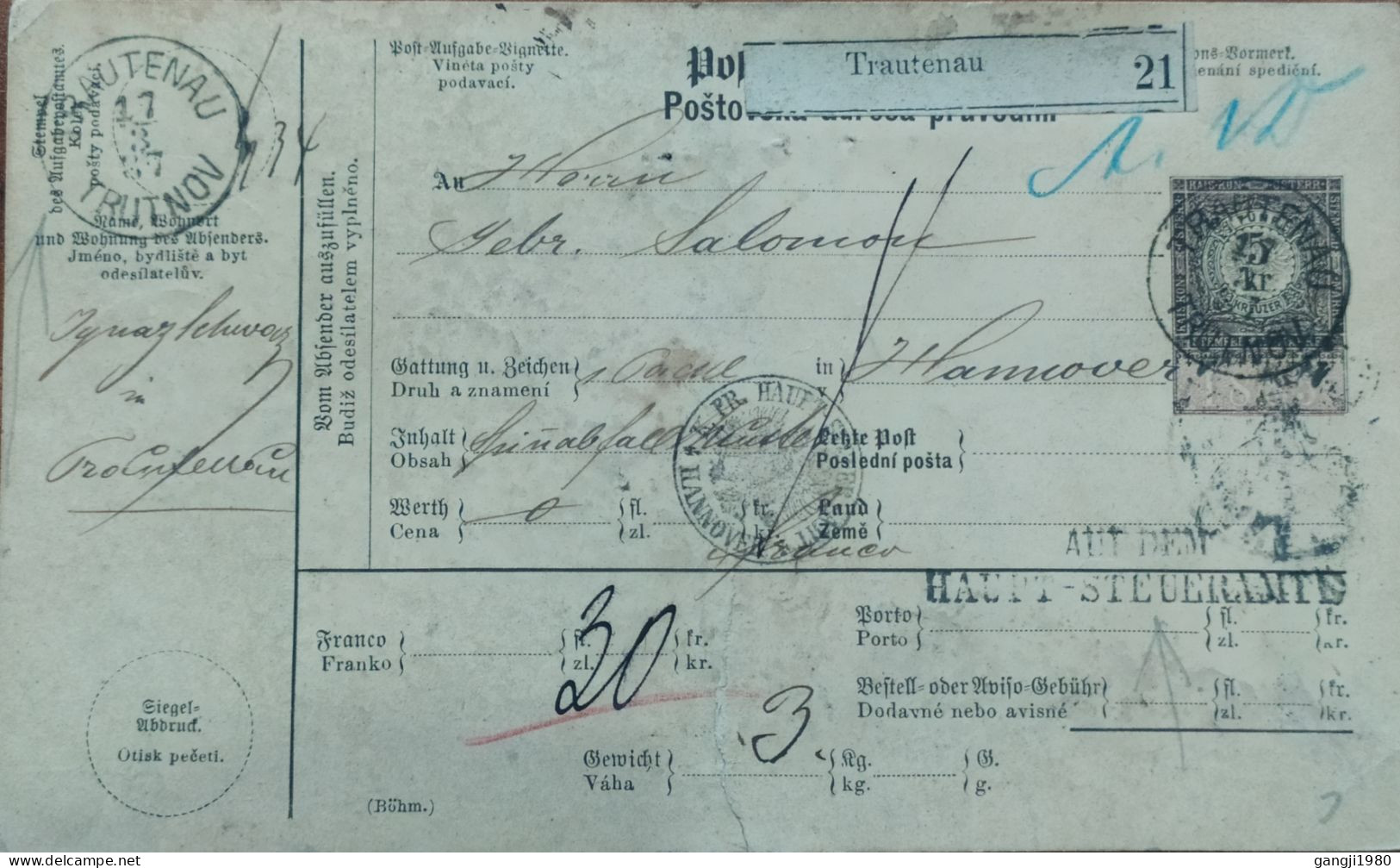 AUSTRIA TO GERMANY, CZECH, POLAND 1887, USED PARCEL CARD, TRANTENAU, ( CZECH  TRUTNOV) LIEBAU ( POLAND LUBAWKA)  HANOVER - Brieven En Documenten