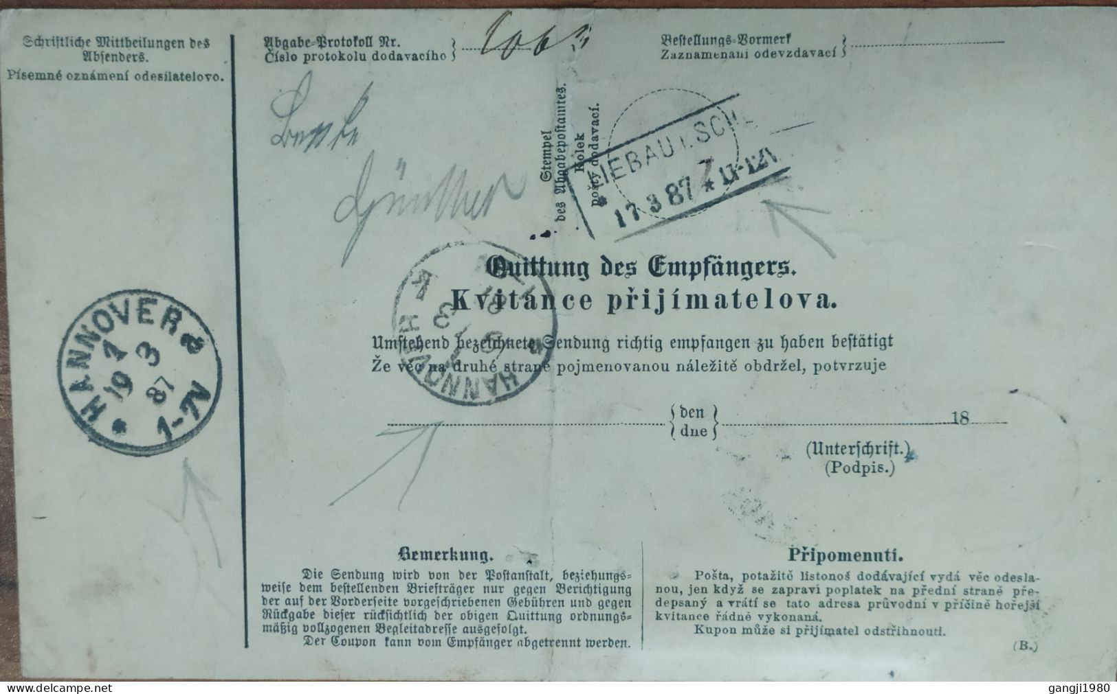 AUSTRIA TO GERMANY, CZECH, POLAND 1887, USED PARCEL CARD, TRANTENAU, ( CZECH  TRUTNOV) LIEBAU ( POLAND LUBAWKA)  HANOVER - Brieven En Documenten