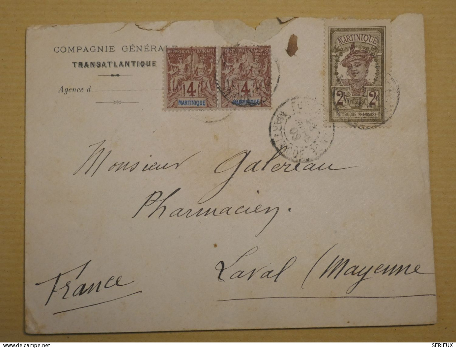 DN7 MARTINIQUE   LETTRE CIE GEN. TRANSATLANTIQUE  1909  A LAVAL FRANCE +PAIRE DE 4C + AFF. INTERESSANT+++ - Briefe U. Dokumente