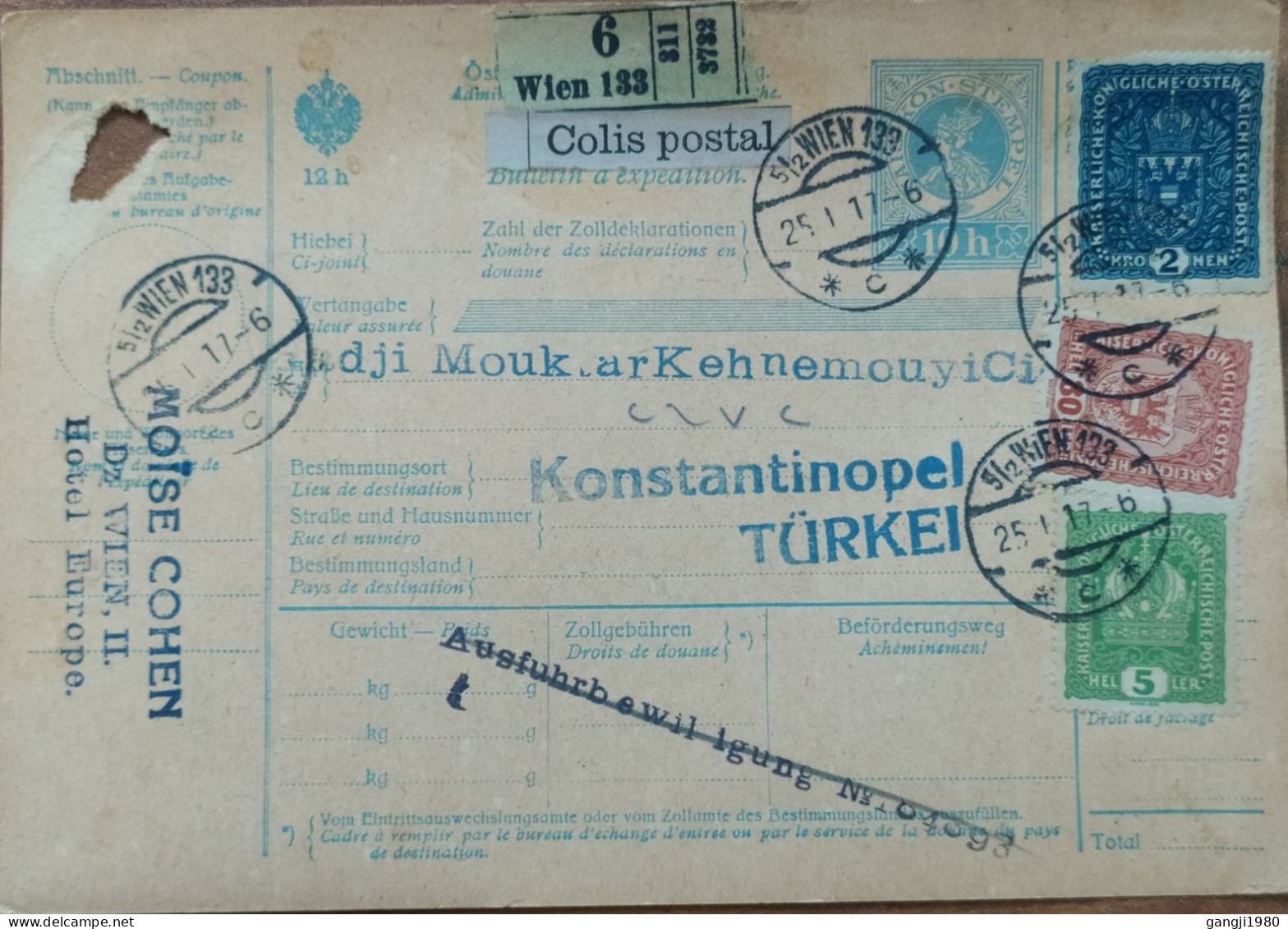 AUSTRIA TO TURKEY 1917, USED STATIONERY PARCEL CARD, COAT OF ARM 3 DIFFERENT STAMP, VIENNA & ISTANBUL CITY CANCEL - Brieven En Documenten