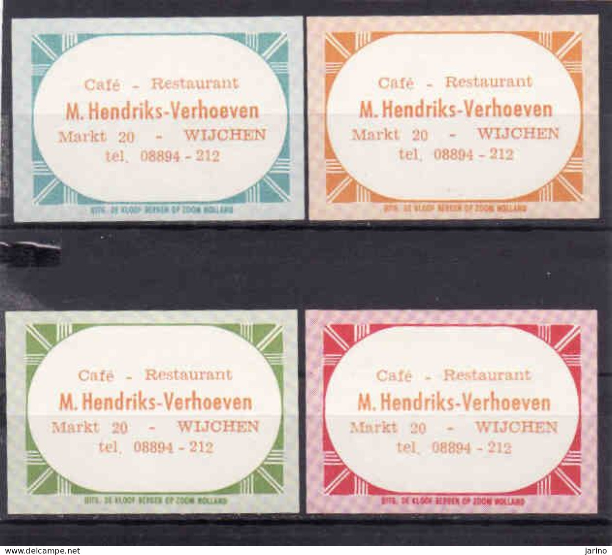 4 Dutch Matchbox Labels, WIJCHEN - Gelderland, Café Restaurant M. Hendriks - Verhoeven, Holland, Netherlands - Scatole Di Fiammiferi - Etichette