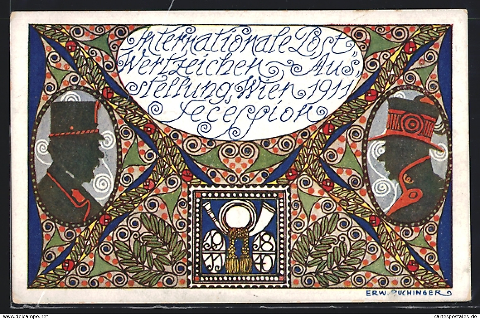 Künstler-AK Sign. Erw. Puchinger: Wien, Internationale Postwertzeichen-Ausstellung 1911, Secession, Ganzsache  - Timbres (représentations)