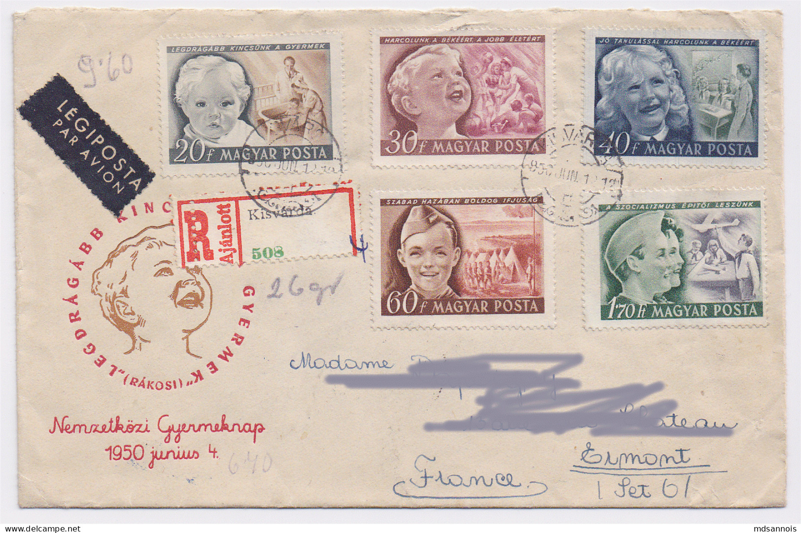 Hongrie Enveloppe Par Avion 1950 Journée De L'enfance Recommandée Kisvarda (les Timbres Vendus Sont Les Timbres Scannés) - Storia Postale