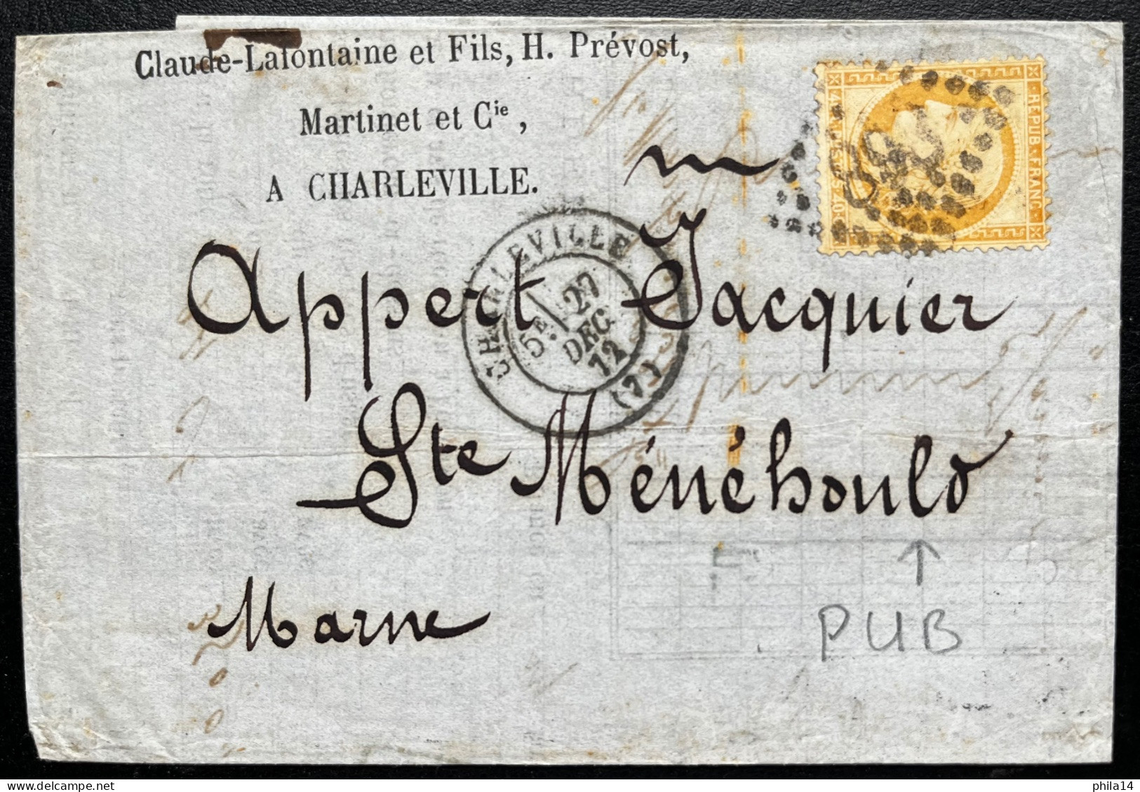 N°38 40c ORANGE CERES SUR LETTRE / CHARLEVILLE ARDENNES POUR STE MENEHOULD 1872 / BANQUE CLAUDE LAFONTAINE AVEC PUB - 1849-1876: Période Classique