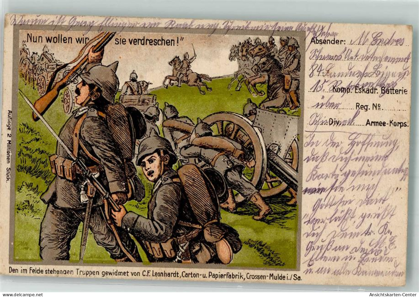 39870103 - Vorgehende Infanterie Artillerie Und Kavallerie Papierwarenfabrik Leonhardt Crossen-Mulde Feldpost Schirmeck - Guerre 1914-18