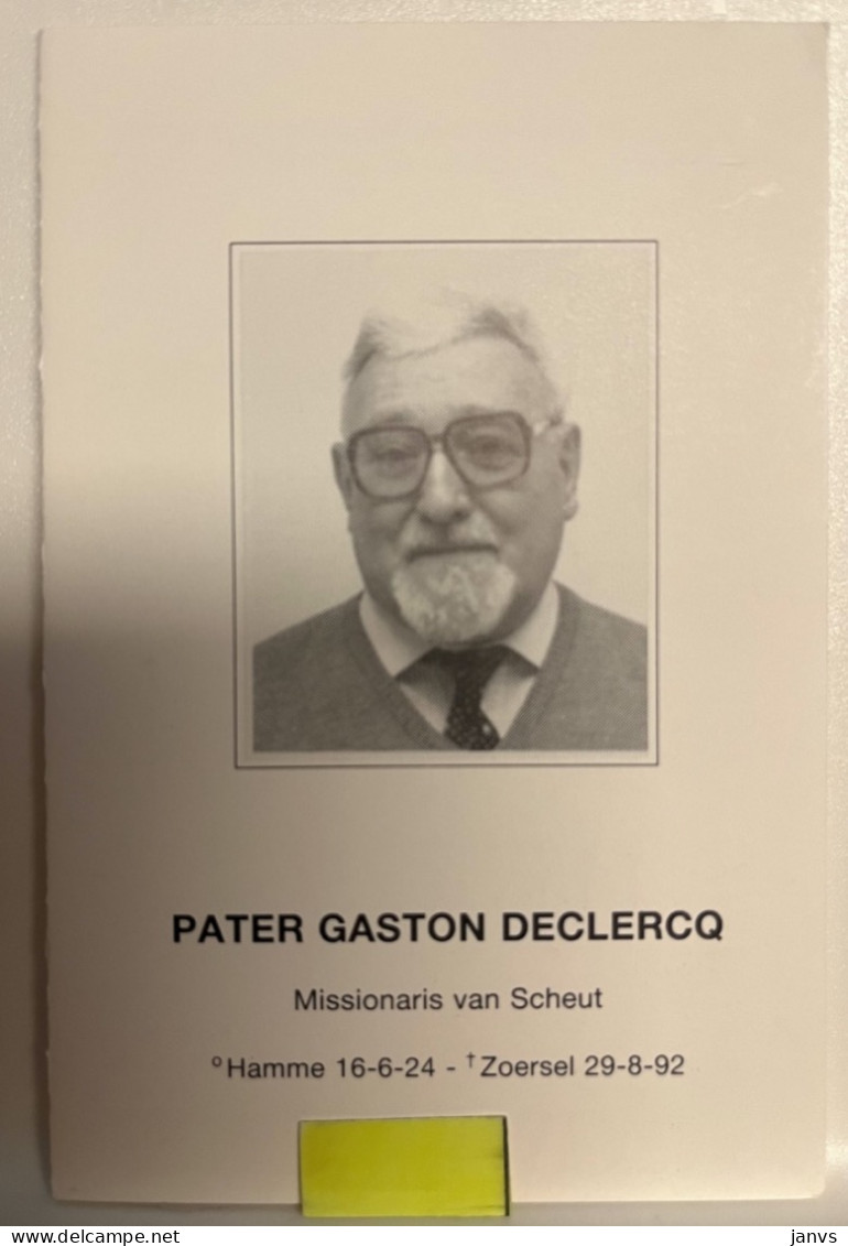 Devotie DP - Overlijden Priester Pater Declercq - Hamme 1924 - Zoersel 1992 - Gewijd Te Scheut - Missionaris Zaïre - Avvisi Di Necrologio