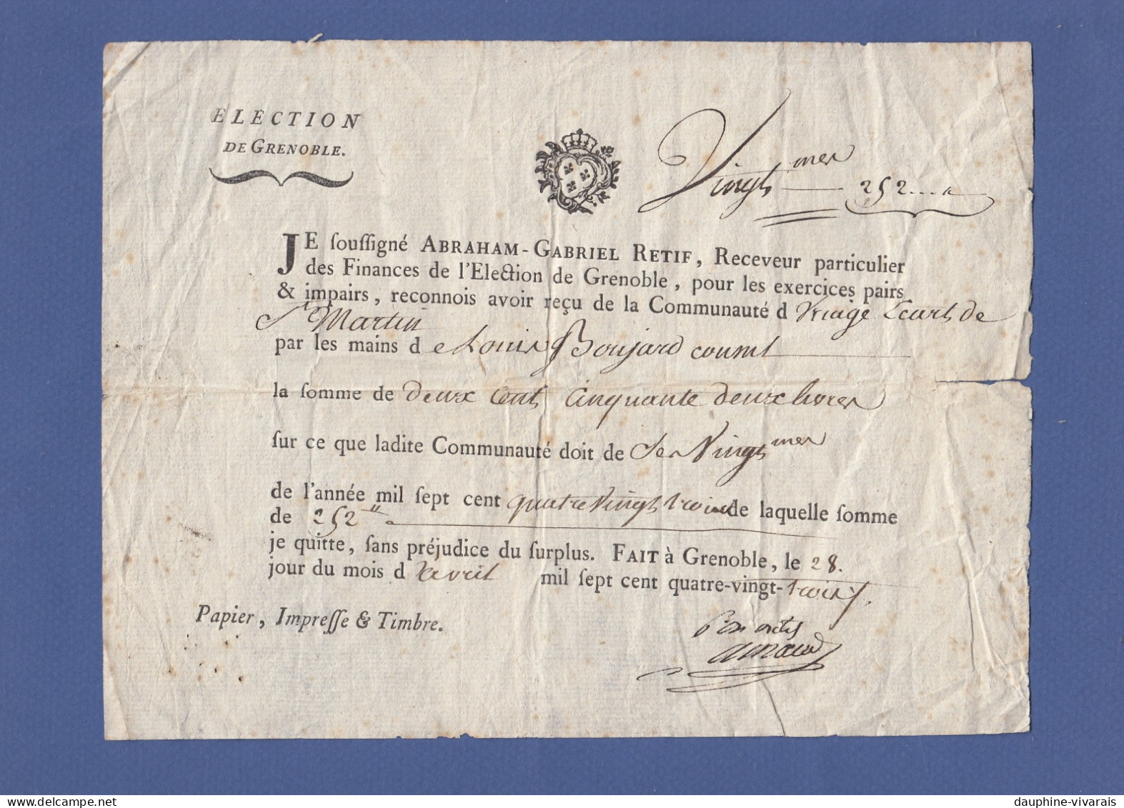 VIEUX PAPIERS - 1783 - GENERALITE DE GRENOBLE ISERE - COMMUNAUTE D'URIAGE - QUITTANCE DE PAIEMENT DES VINGTIEMES - Gebührenstempel, Impoststempel