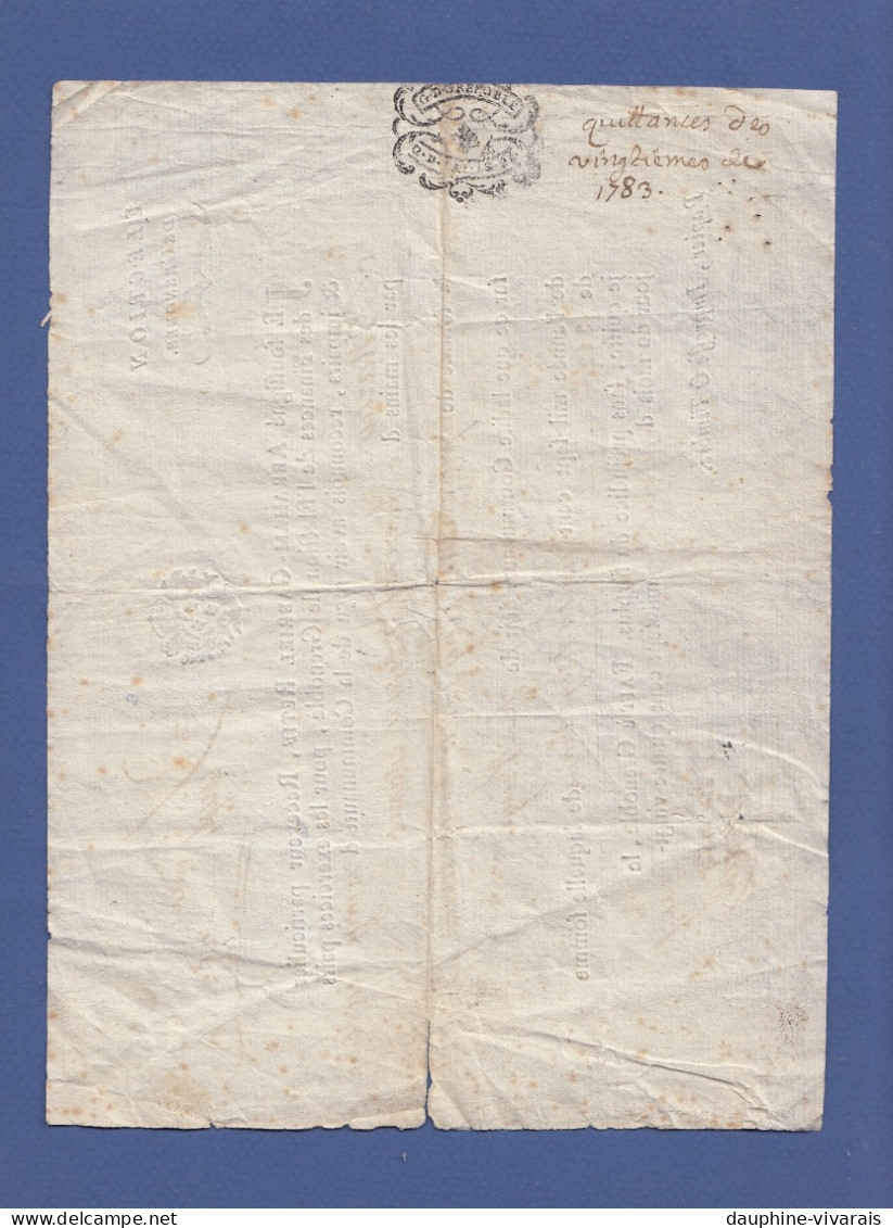 VIEUX PAPIERS - 1783 - GENERALITE DE GRENOBLE ISERE - COMMUNAUTE D'URIAGE - QUITTANCE DE PAIEMENT DES VINGTIEMES - Gebührenstempel, Impoststempel