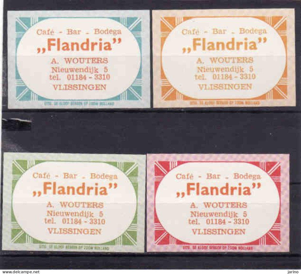 4 Dutch Matchbox Labels, VLISSINGEN - Zeeland, Café Bar Bodega "FLANDRIA", A. Wouters, Holland, Netherlands - Scatole Di Fiammiferi - Etichette