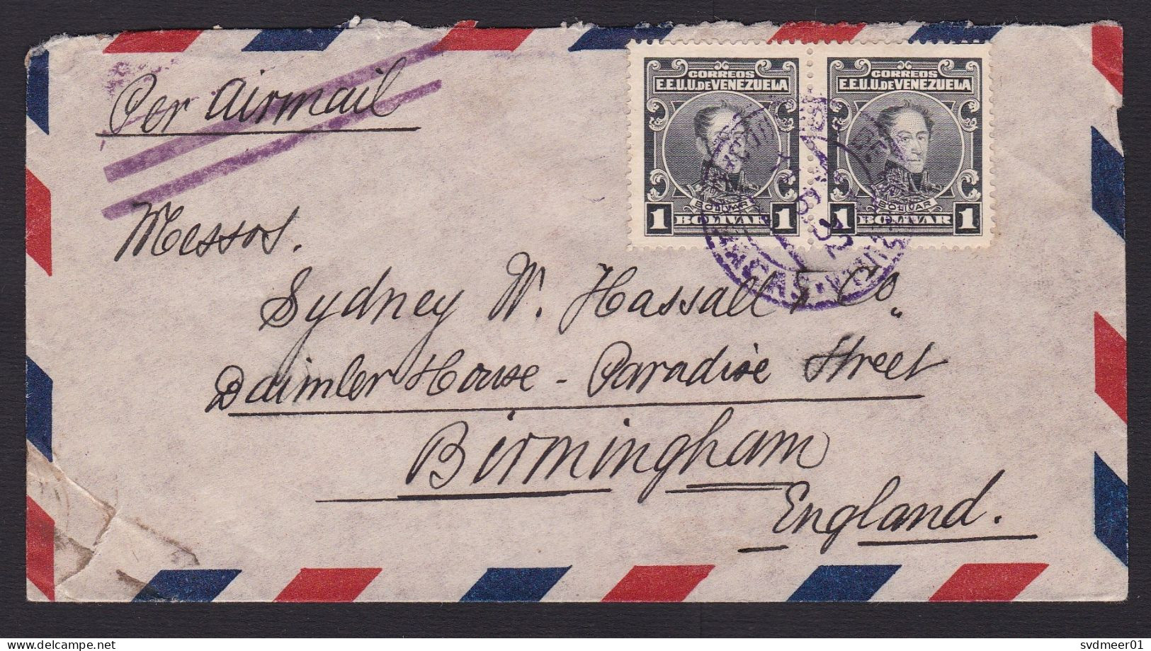 Venezuela: Airmail Cover To UK, 1932?, 2 Stamps, Bolivar, Purple Bar Cancel, Jusqu'a Marking (minor Damage) - Venezuela