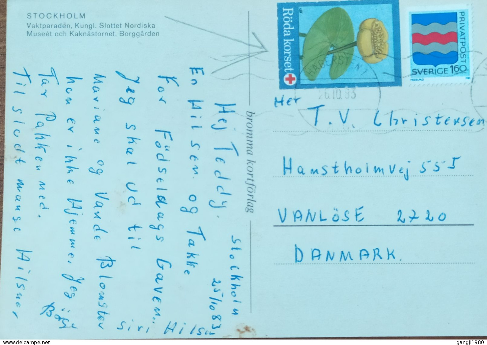 SWEDEN 1983, POSTCARD STOCKHOLM, USED TO DENMARK, VIGNETTE LABEL, RED CROSS, HAGERSTEN CITY CANCEL - Brieven En Documenten