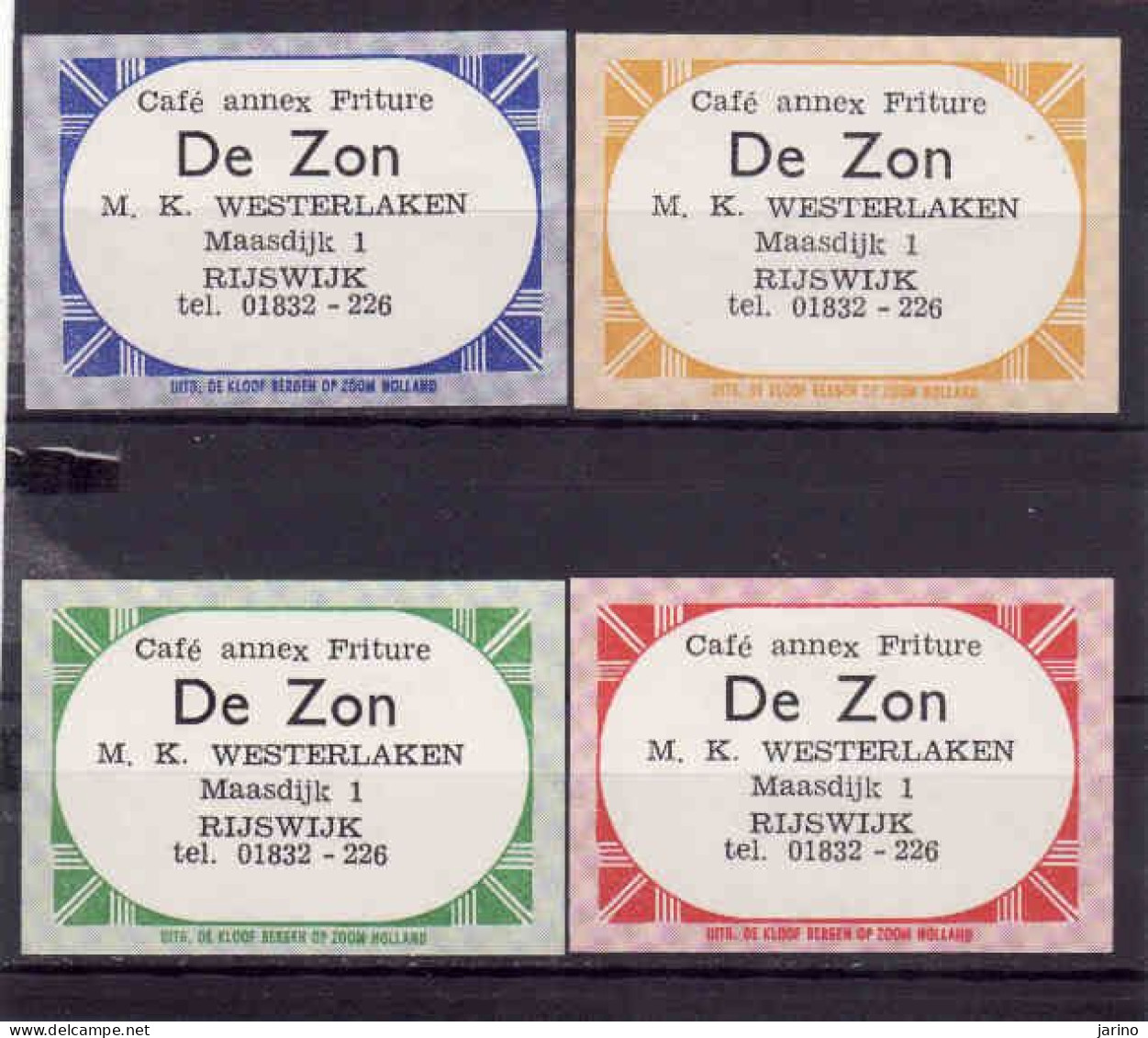 4 Dutch Matchbox Labels, RIJSWIJK - South Holland, Café Annex Friture De Zon, M. K. Westerlaken, Holland, Netherlands - Boites D'allumettes - Etiquettes