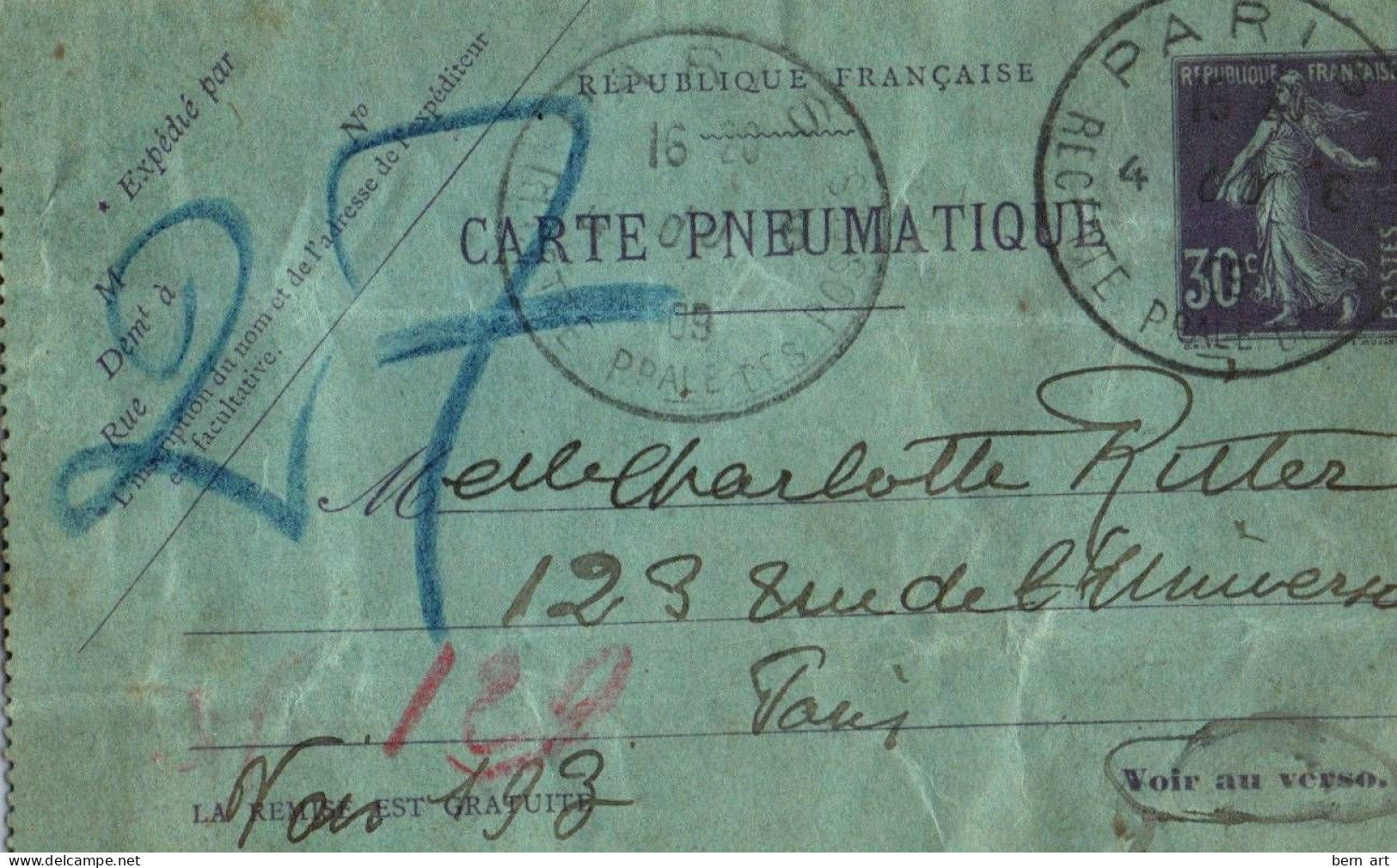 Carte Pneumatique Bleue Adressée à Charlotte Ruter Paris 1909 Adresse Inconnue Facteur Mr Villant - Post