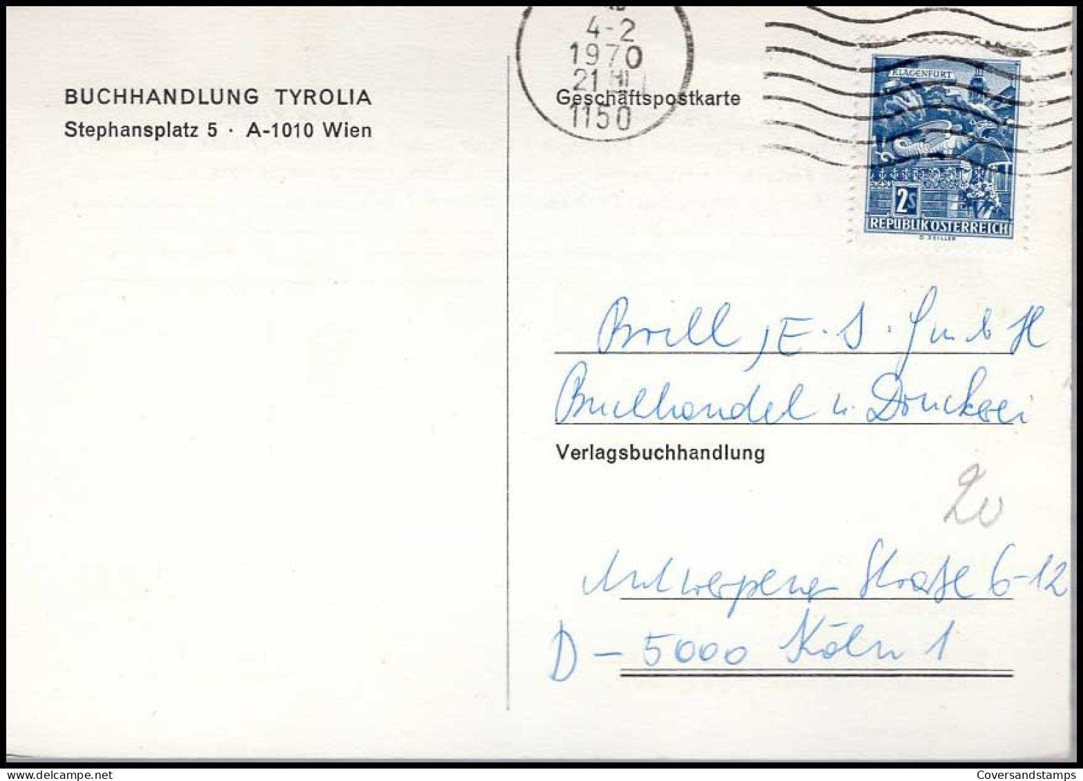 Postkarte Nach Köln - 'Buchhandlung Tyrolia, Wien' - Cartas & Documentos