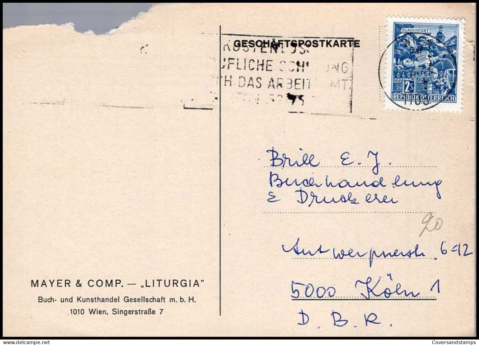 Postkarte Nach Köln - 'Mayer & Comp. - "Liturgia", Wien' - Briefe U. Dokumente