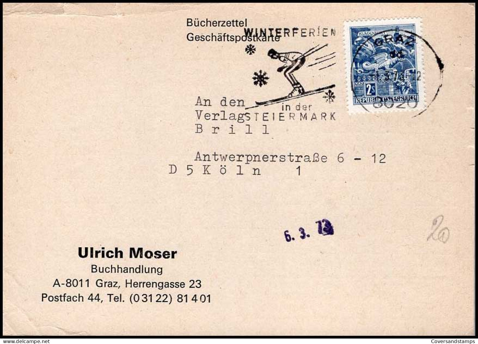 Postkarte Nach Köln - 'Ulrich Moser, Buchhandlung, Graz' - Lettres & Documents
