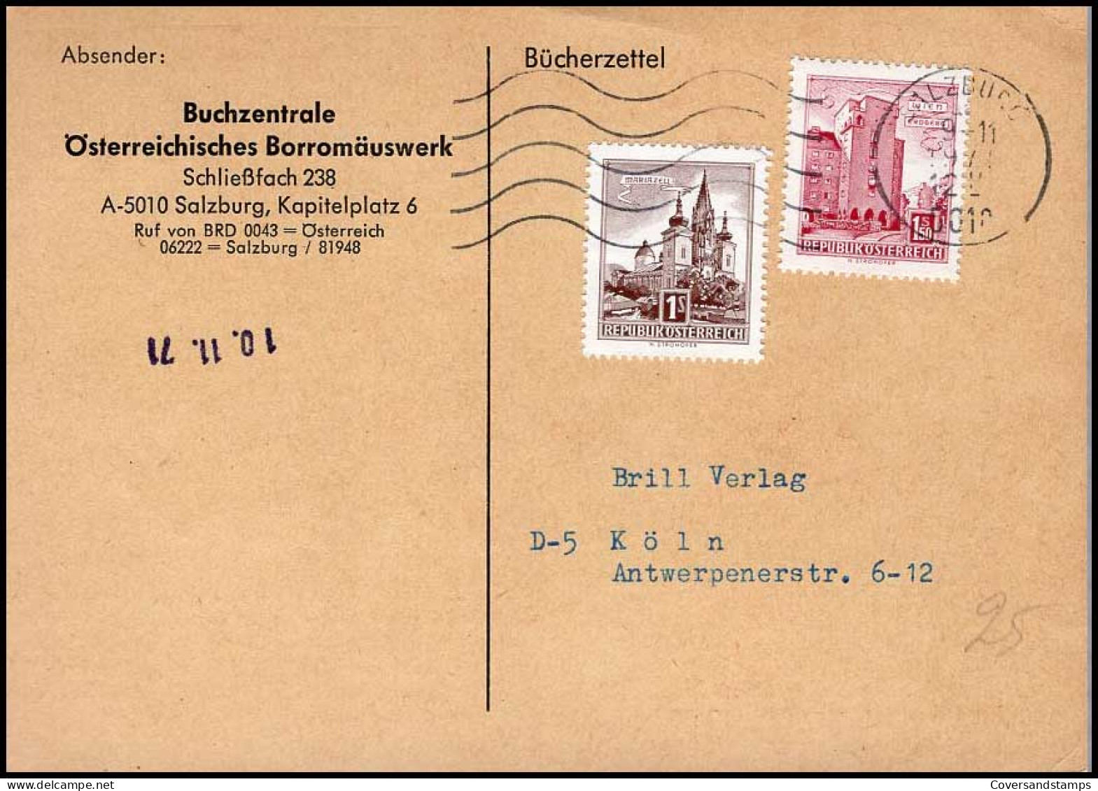 Postkarte Nach Köln - 'Buchzentrale Österreichische Borromäuswerk, Salzburg' - Cartas & Documentos