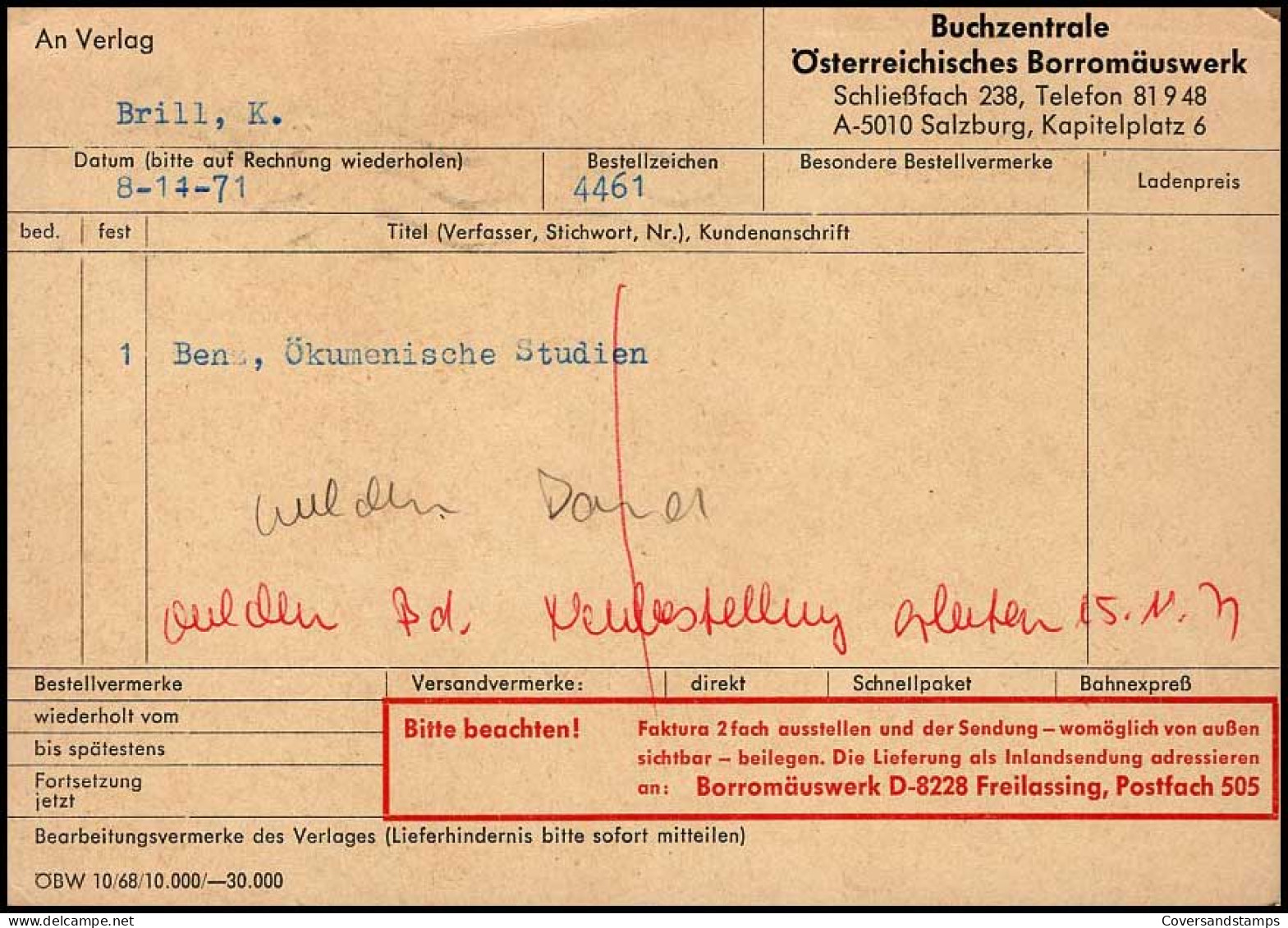 Postkarte Nach Köln - 'Buchzentrale Österreichische Borromäuswerk, Salzburg' - Briefe U. Dokumente