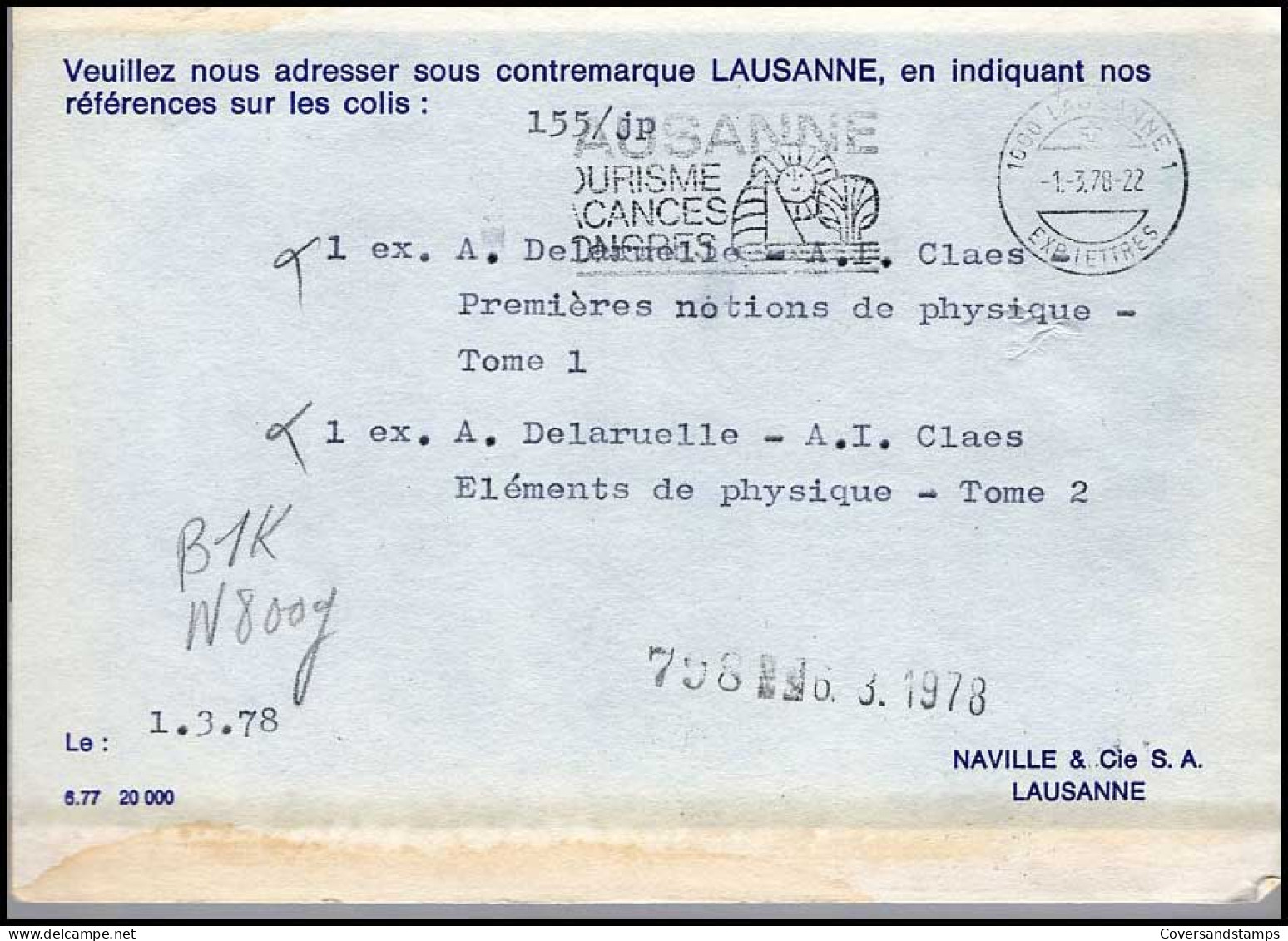 Postkarte Nach Namur, Belgium - 'Naville & Cie S.A., Lausanne' - Briefe U. Dokumente