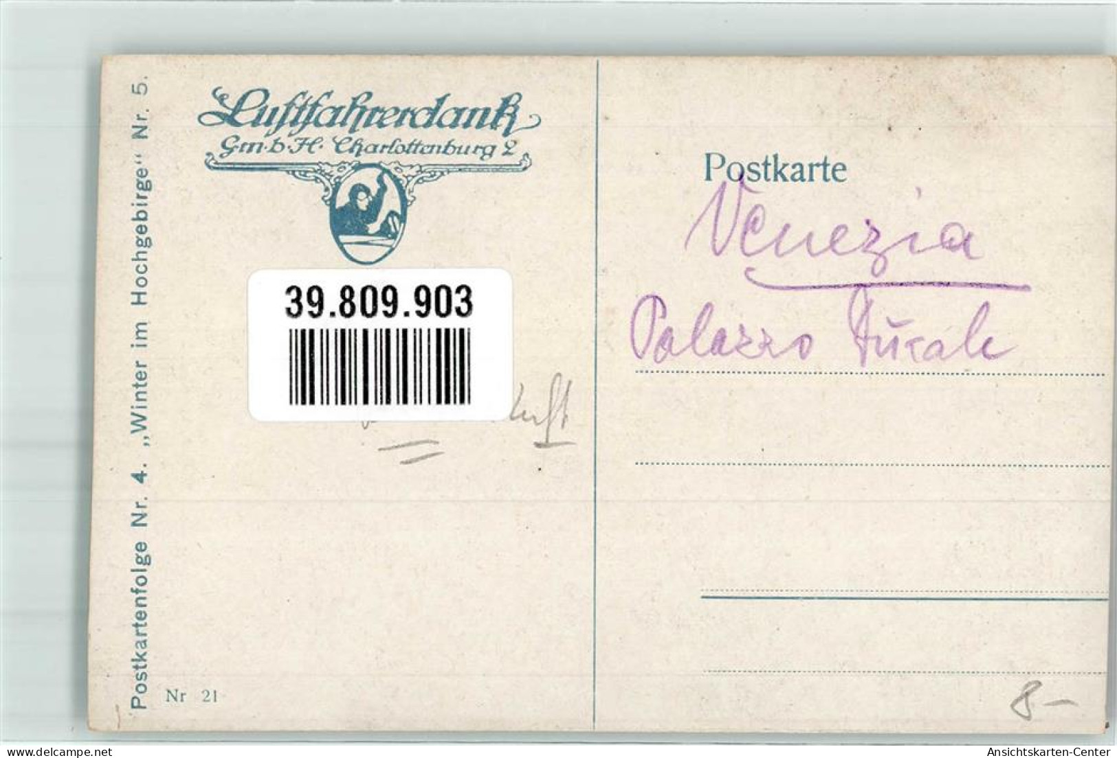 39809903 - Winter Im Hochgebirge Nr. 5 Postkartenfolge Nr. 4 Luftfahrerdank Nr. 21 - Chasse