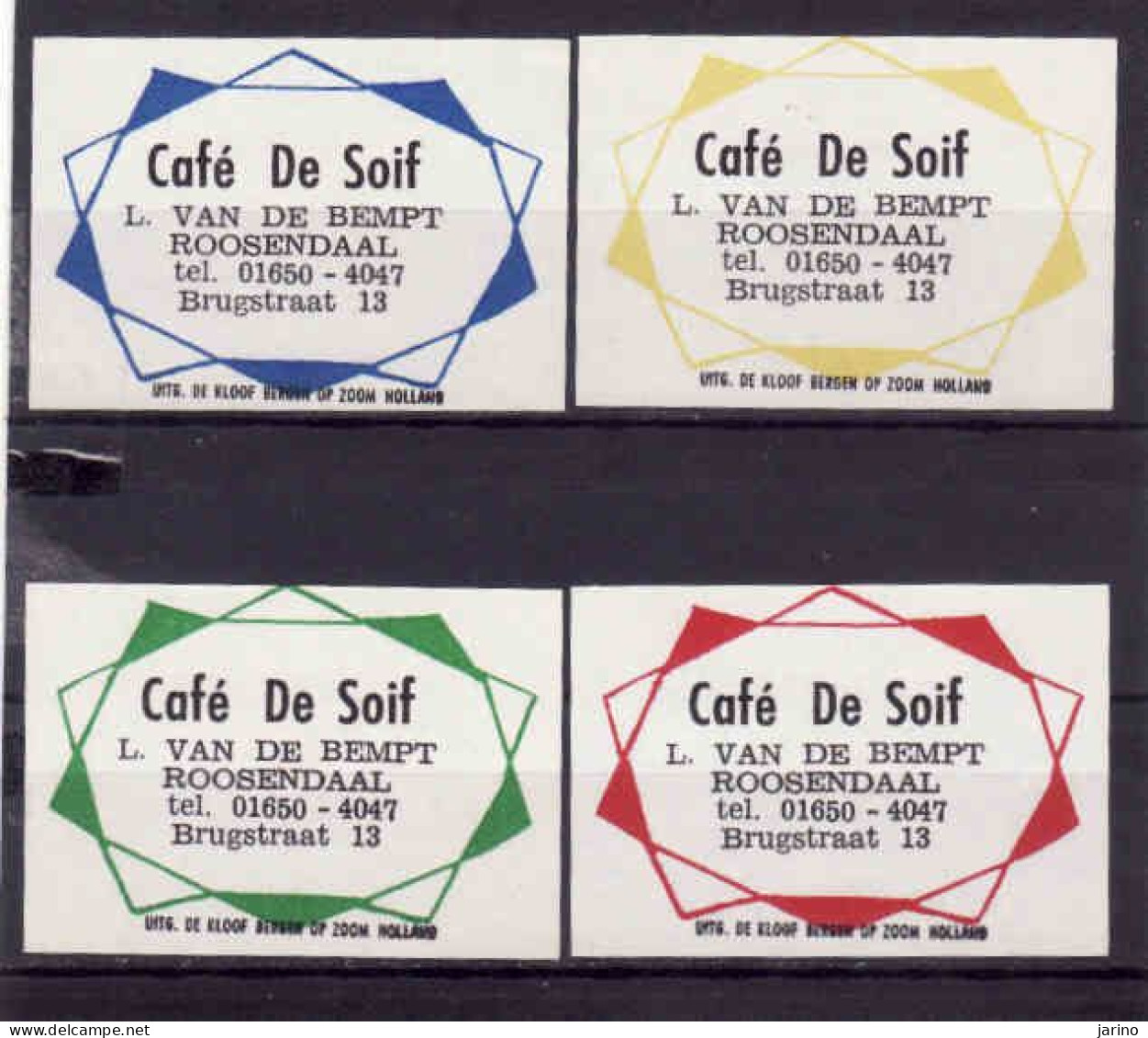 4 Dutch Matchbox Labels, ROOSENDAAL - North Brabant, Café De Soif, L. Van De Bempt, Holland, Netherlands - Matchbox Labels