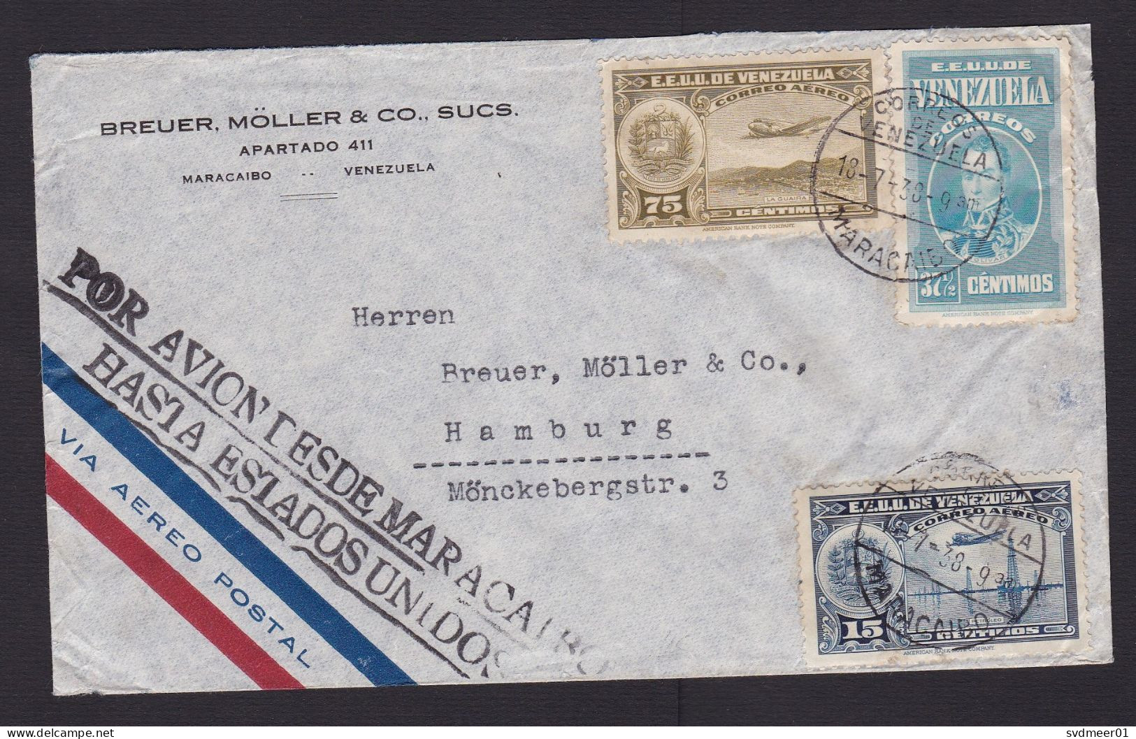 Venezuela: Airmail Cover To Germany, 1938, 3 Stamps, Bolivar, Oil, Airplane, Jusqu'a Cancel By Air To USA (minor Damage) - Venezuela