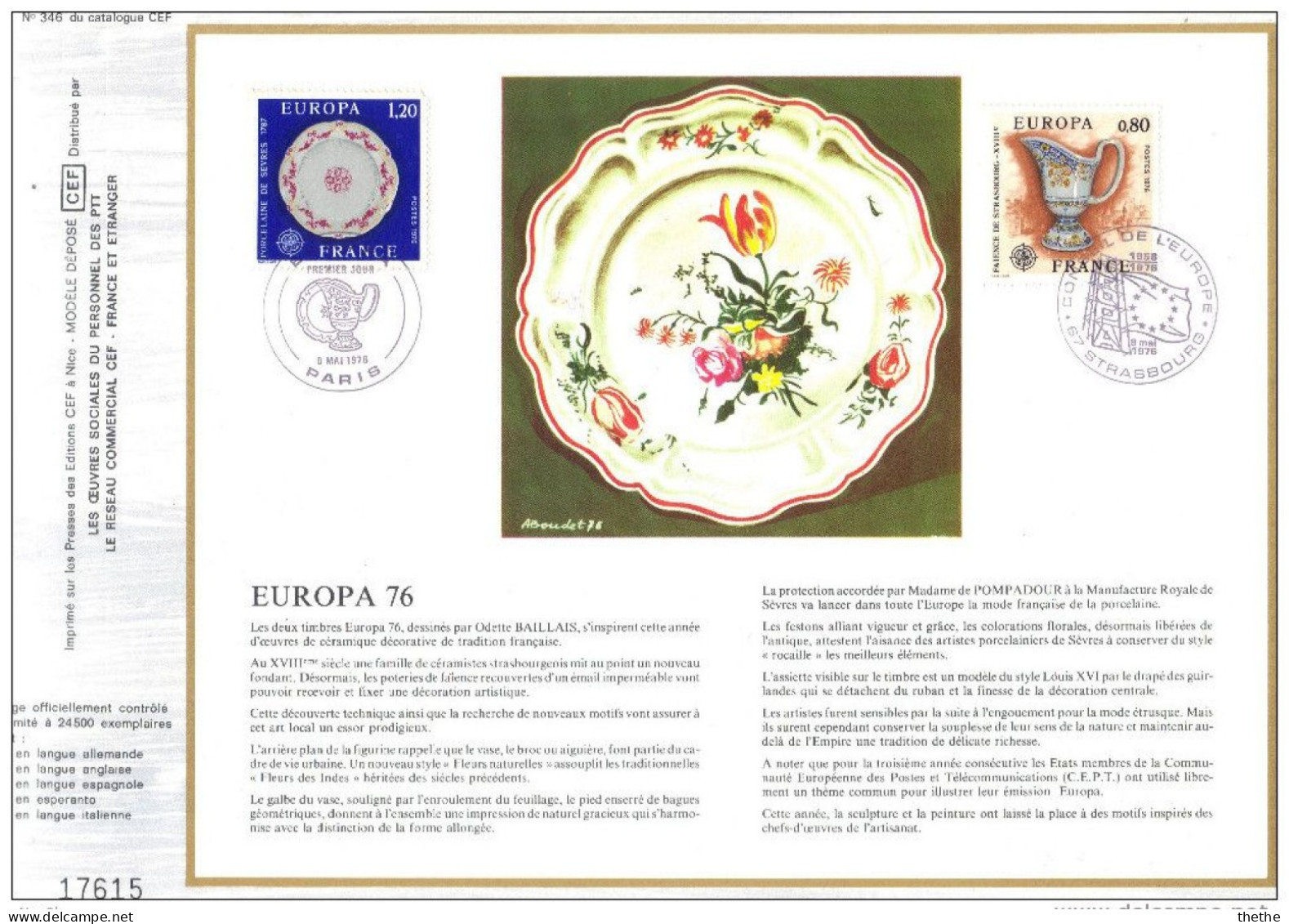 FRANCE -  FDC -EUROPA 1976 : Faïence De Strasbourg Et Porcelaine De Sèvres  - Feuillet N° 346 Du Catalogue CEF - 1970-1979