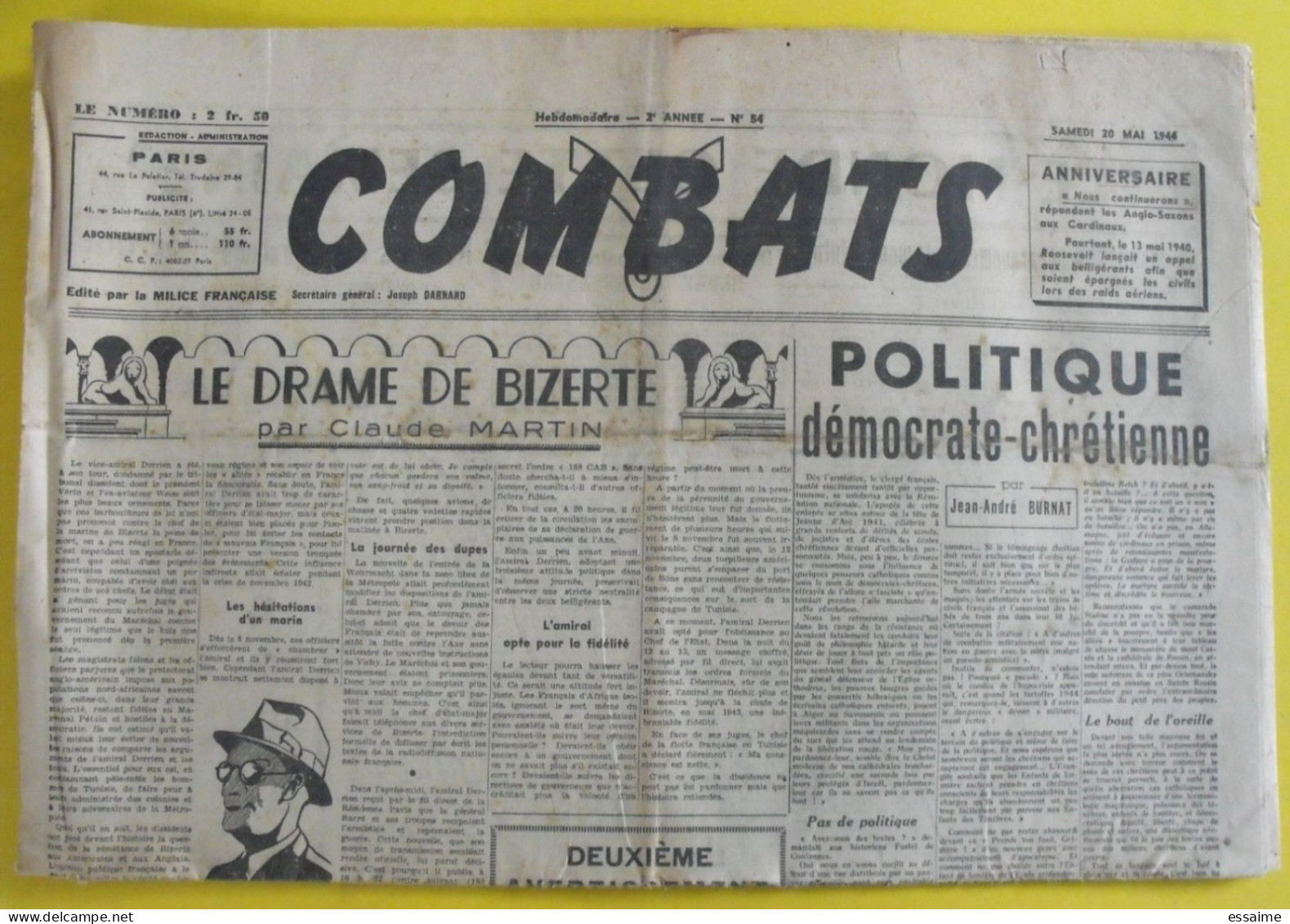 Combats N° 54 Du 20 Mai 1944. Francisme Collaboration Milice Française Claude Martin Joseph Darnand Soupault Charbonneau - Altri & Non Classificati